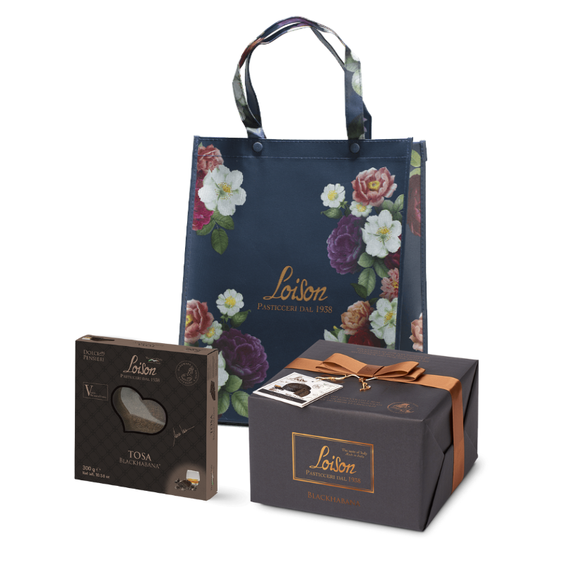 Darilni paket Loison Blackhabana, ki vsebuje Panettone Blackhabana, Tosa Blackhabana in darilno vrečko temno modre barve.